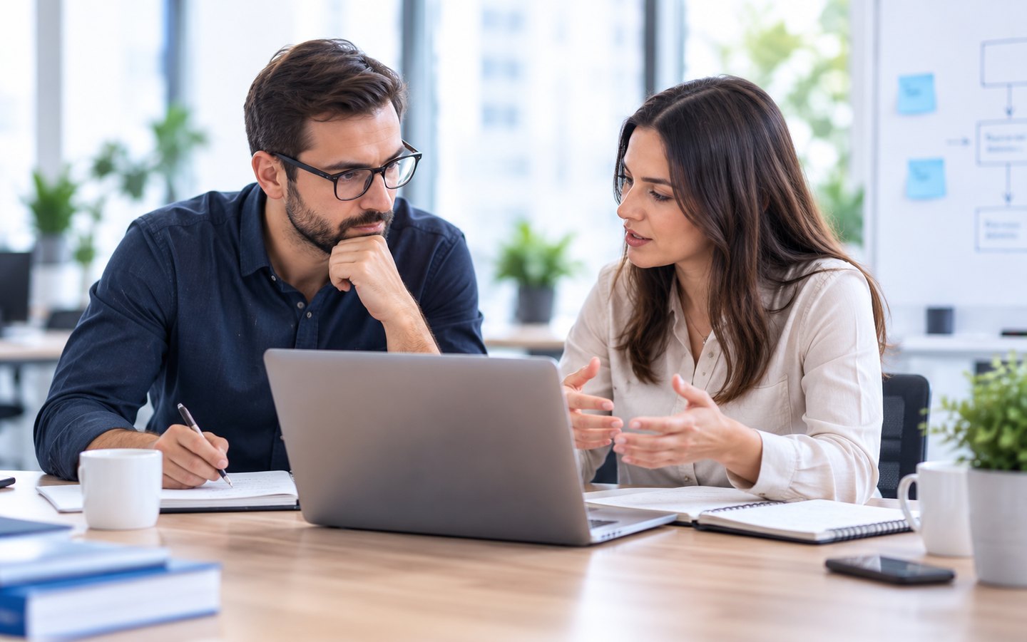 Dos personas revisan juntas una laptop en una sala de trabajo, con un diagrama de proceso dibujado en la pizarra del fondo.