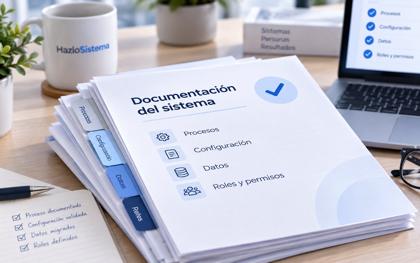 Un legajo rotulado «Documentación del sistema» con sus apartados de procesos, configuración, datos y roles y permisos.