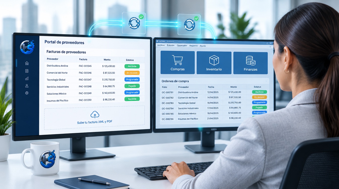 Responsable de cuentas por pagar frente a dos pantallas: un portal web con las facturas de proveedores y su estatus, conectado a un sistema ERP.