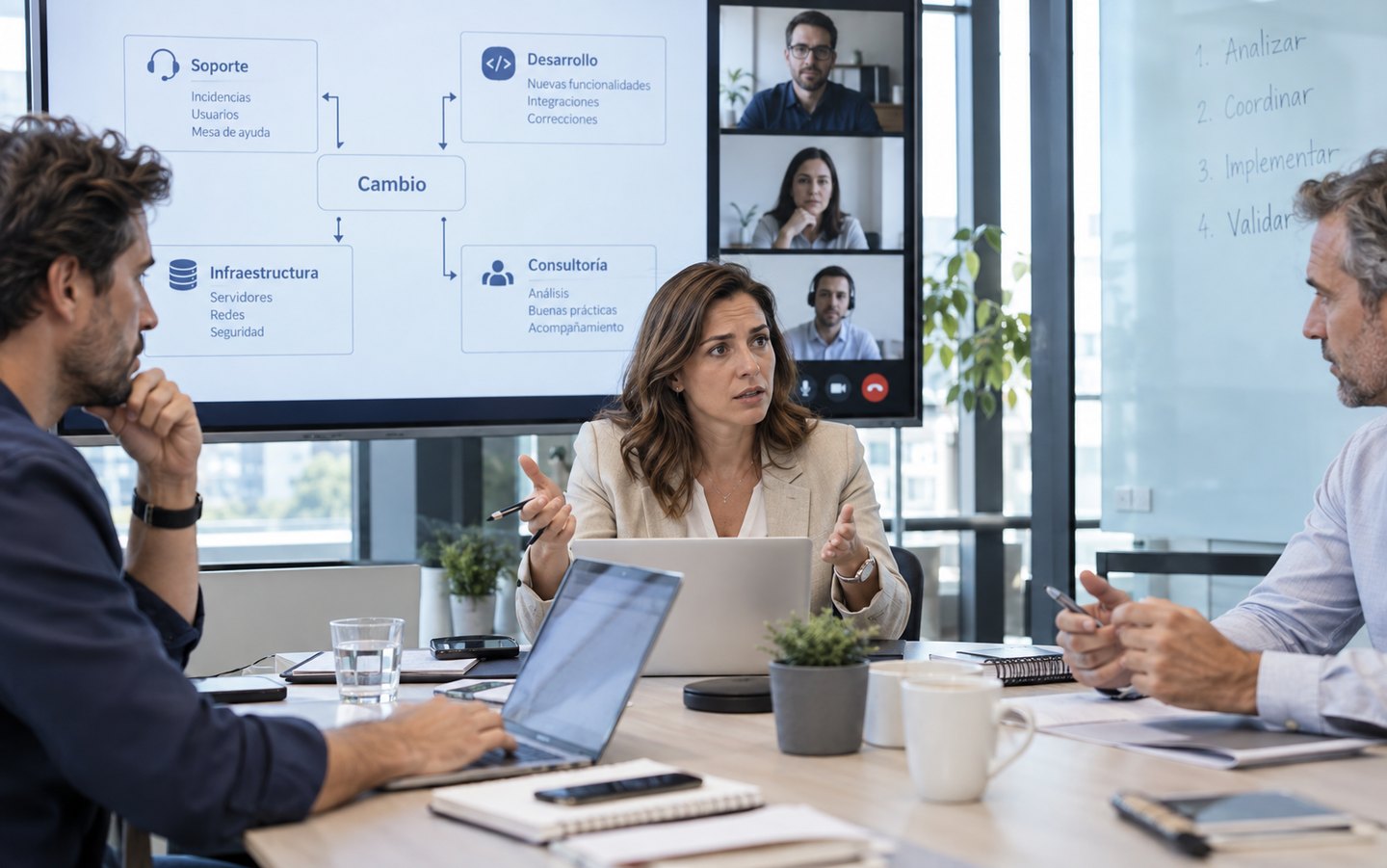 Un equipo reunido en sala de juntas y por videollamada revisa un diagrama en el que cada cambio tiene que pasar por soporte, desarrollo, infraestructura y consultoría.