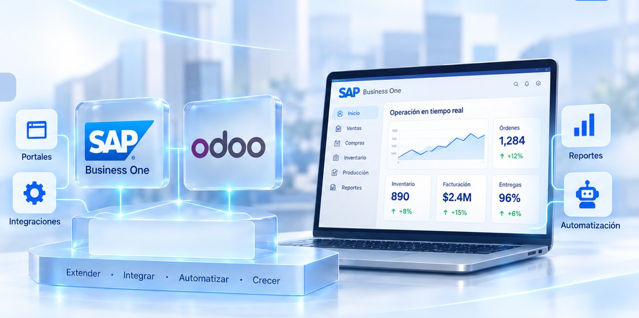 SAP Business One y Odoo conectados a una capa operativa con portales, integraciones, reportes y automatización, sobre un tablero de operación en tiempo real.