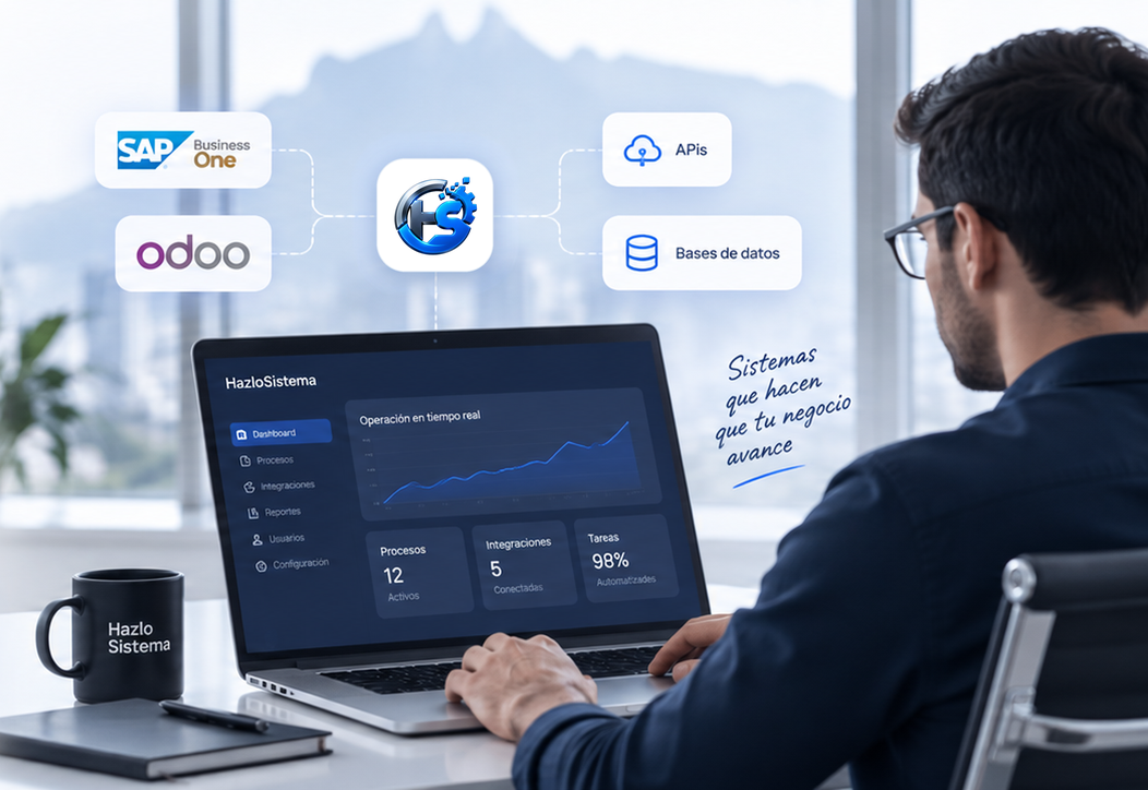 Una persona revisa el tablero de HazloSistema en una laptop, con SAP Business One, Odoo, APIs y bases de datos conectados alrededor.