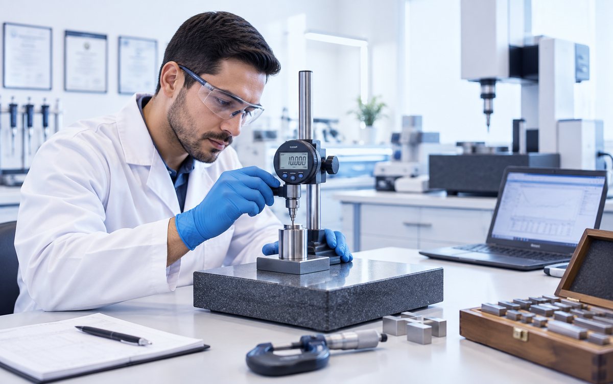 Un metrólogo mide un instrumento con un comparador sobre mármol de granito, junto a un juego de bloques patrón.
