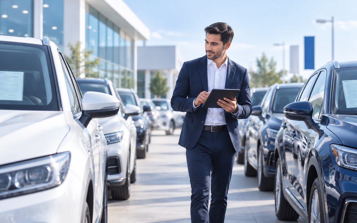 Un vendedor recorre con su tablet las filas de vehículos de un lote de autos.