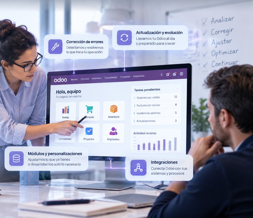Revisión de un Odoo en uso: dos personas frente al tablero de Odoo con sus tareas pendientes, junto a la corrección de errores, la actualización y evolución, los módulos y personalizaciones y las integraciones.