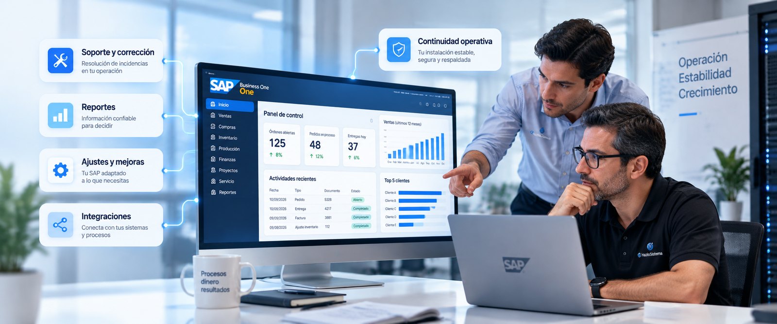Soporte y continuidad sobre SAP Business One: dos personas revisan el panel de control de una instalación existente, junto a las tareas de soporte y corrección, reportes, ajustes y mejoras, integraciones y continuidad operativa.